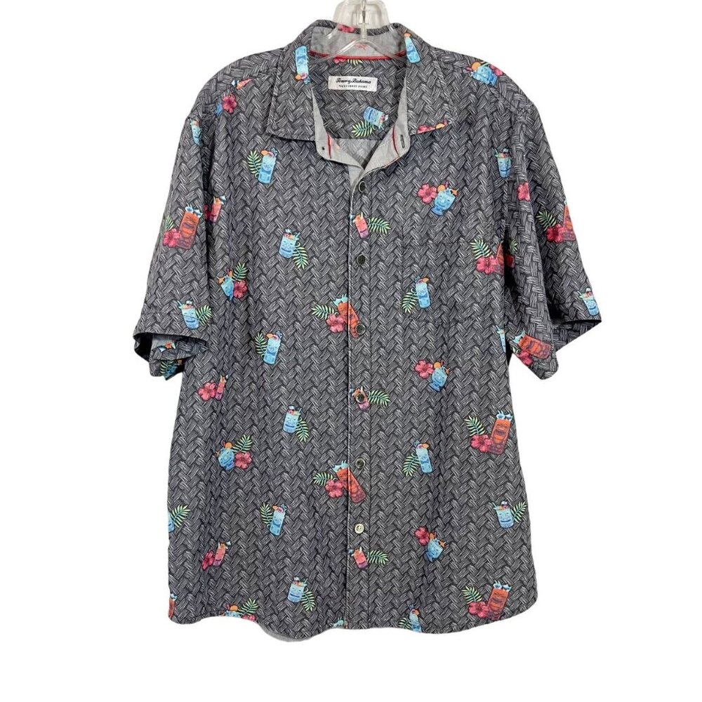 Tommy Bahama Coconut Point Tiki Print Hawaiian Shirt Gray Tencel - Size Large